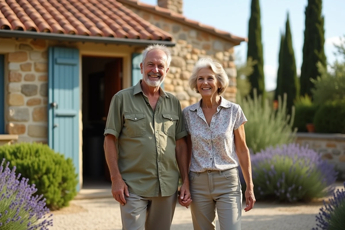 Couple de retraités visitant une maison de plain-pied en pierre à Nîmes avec leur conseiller ensemble-senior