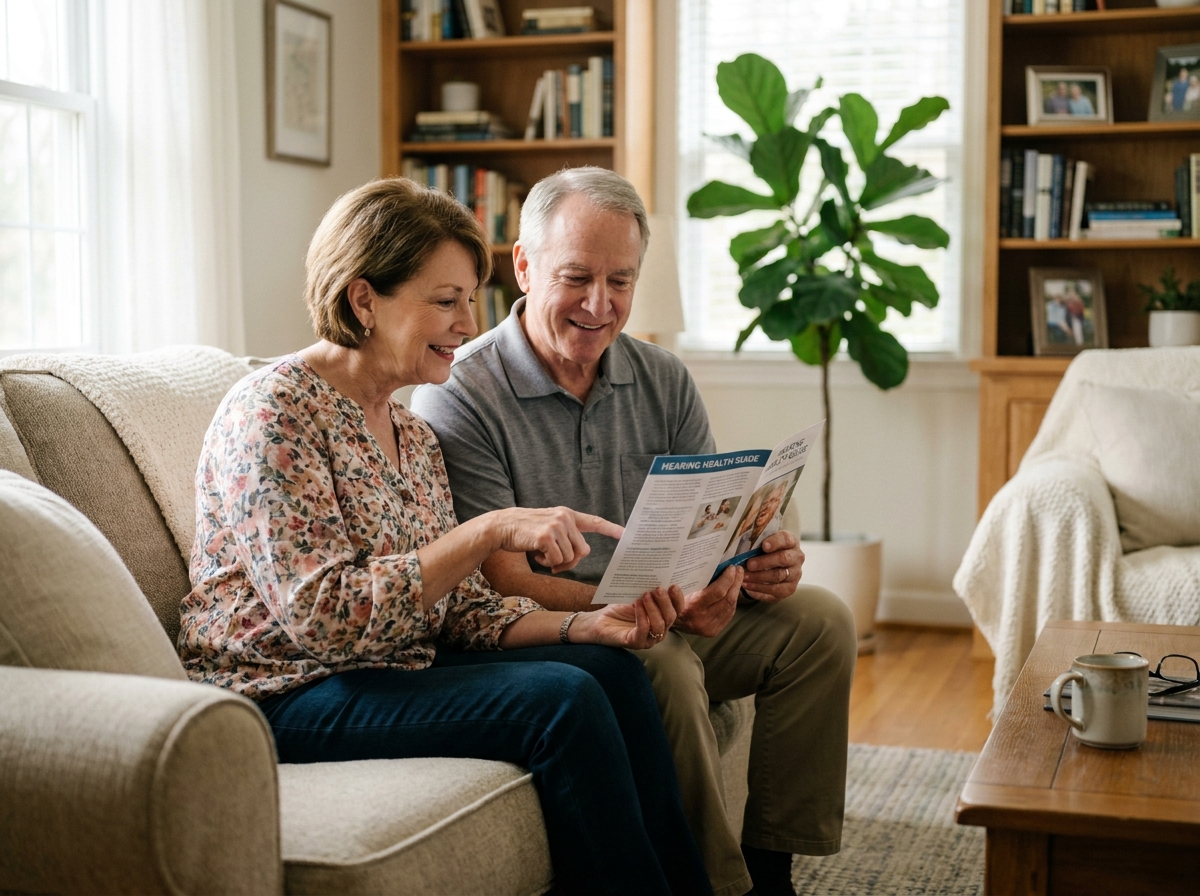 Couple de seniors consultant une brochure sur la santé auditive dans leur salon