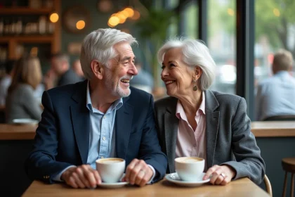 Couple senior souriant dans un café cosy et élégant