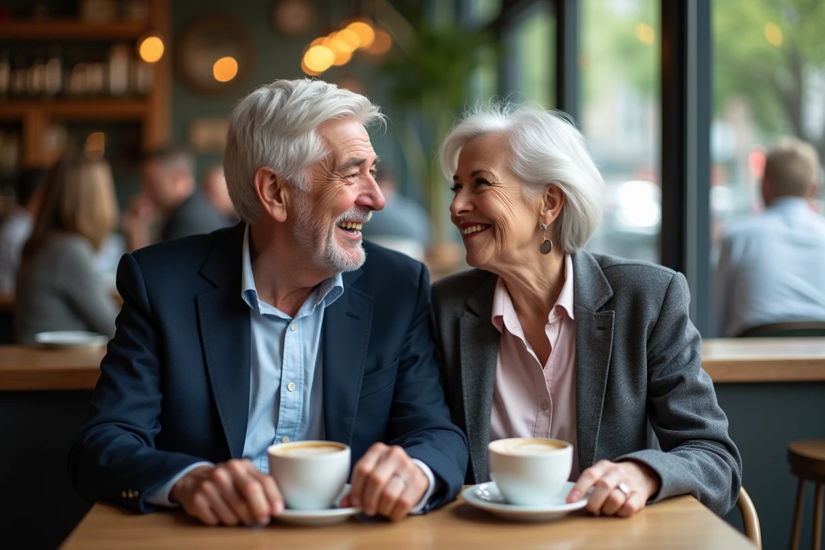 Couple senior souriant dans un café cosy et élégant