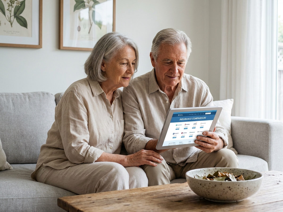 Couple de seniors comparant des offres d'assurance obsèques sur une tablette dans leur salon