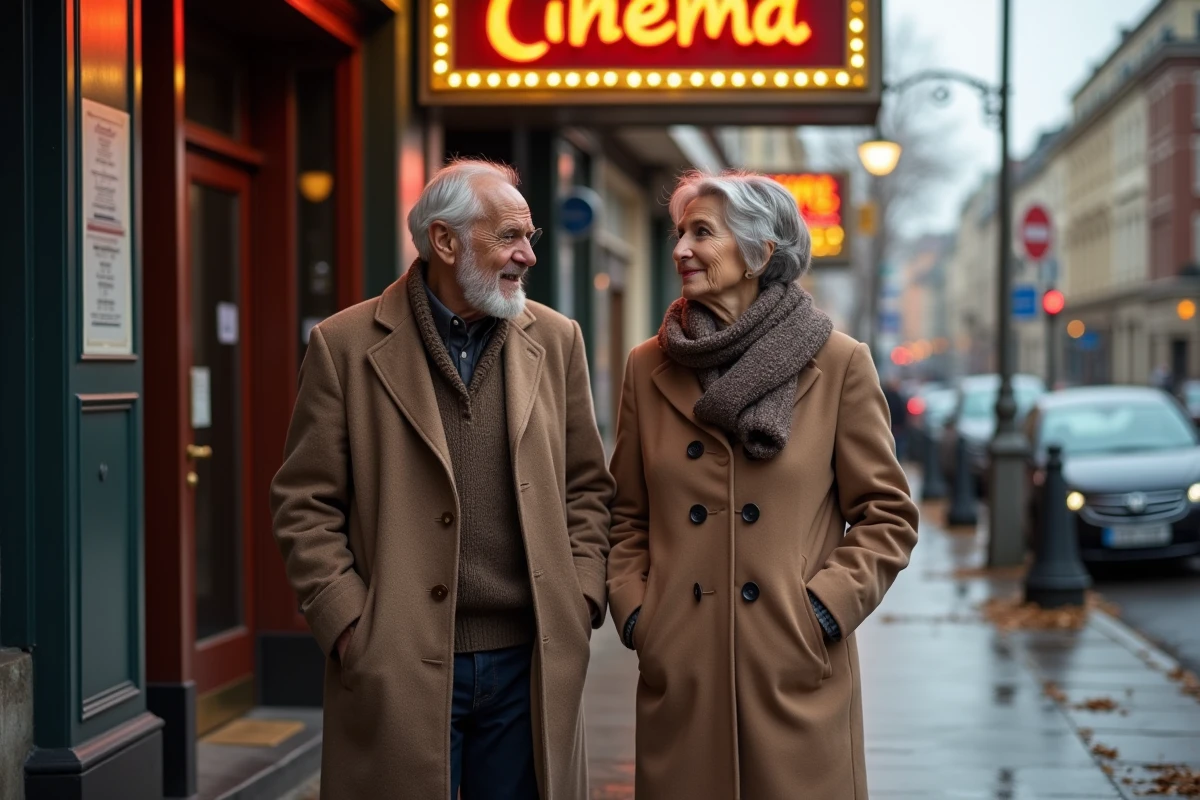 Couple senior entrant dans un cinéma en extérieur avec feuilles d
