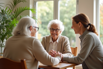 Couple senior souriant avec leur fille dans un espace lumineux