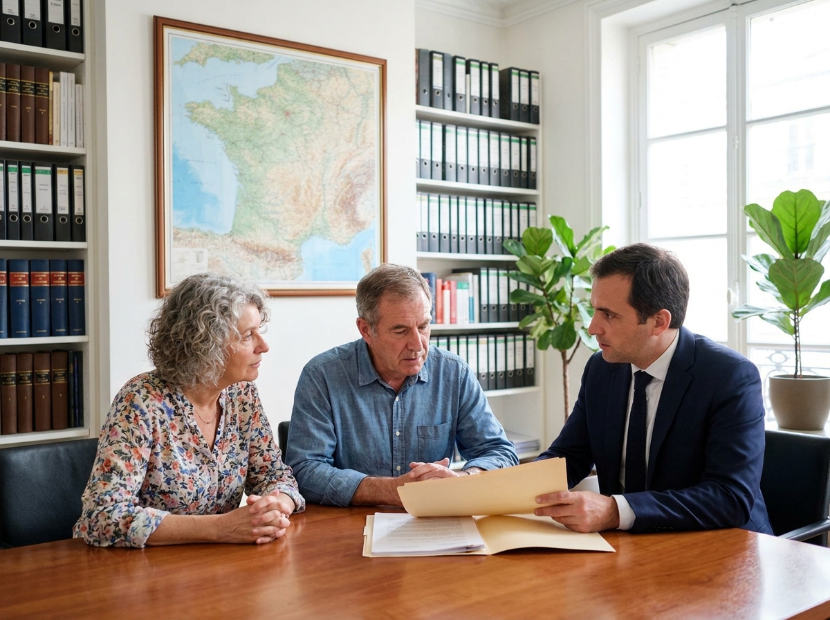Couple de seniors en rendez-vous chez un notaire pour discuter d'un contrat viager, illustrant les démarches légales de la vente en viager