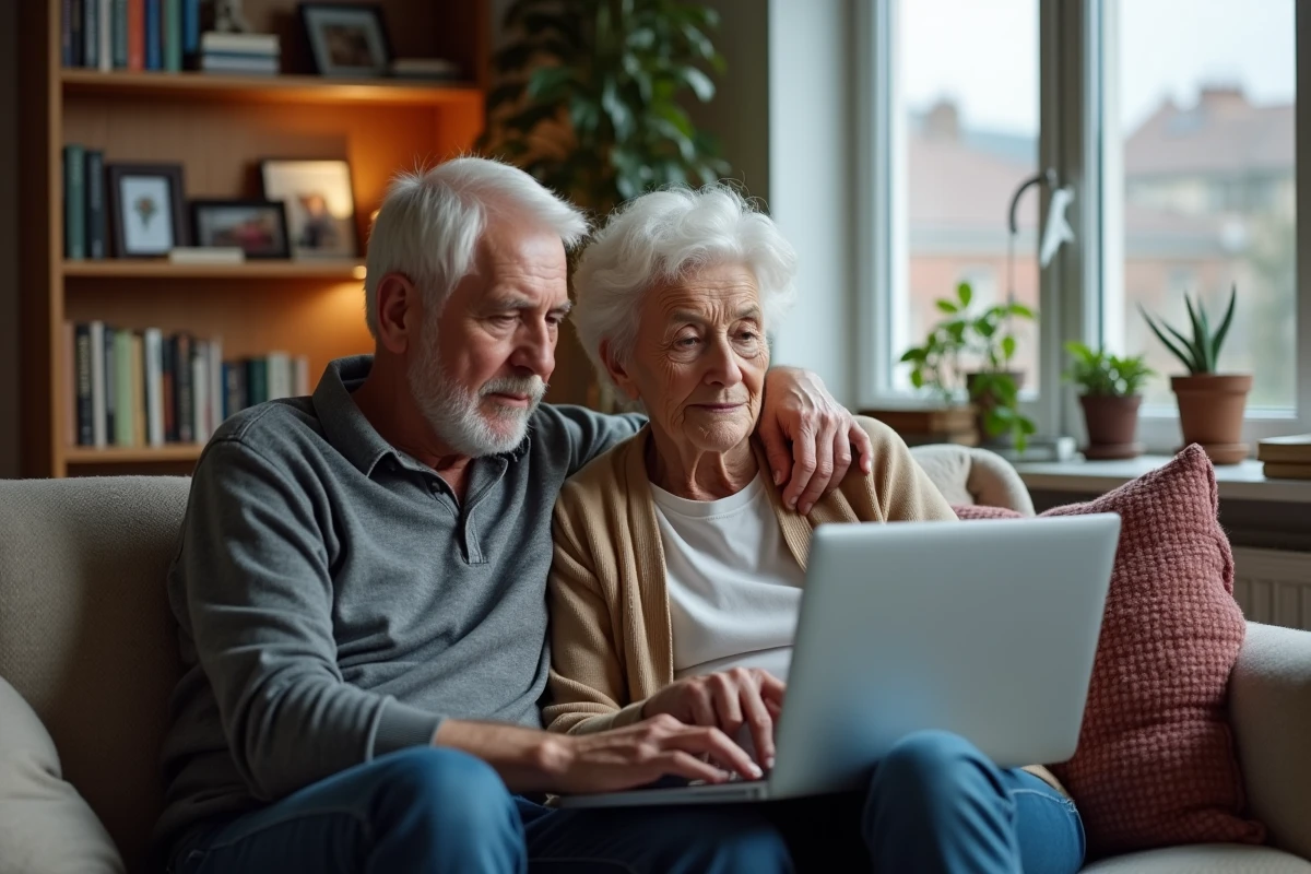 Couple de seniors recherchant des aides financières en ligne depuis leur domicile à Lille