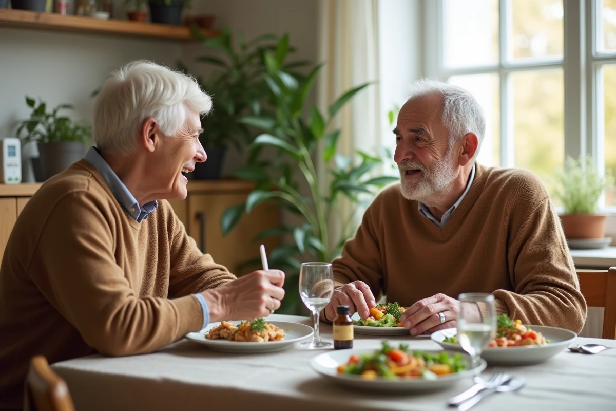 Couple de seniors prenant des compléments alimentaires au cours d'un repas équilibré à la maison