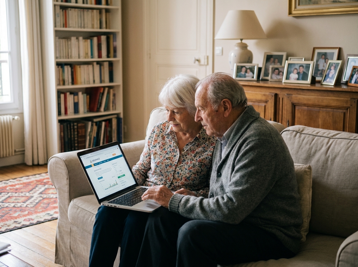 Couple de seniors consultant ensemble un site internet sur le canapé pour comparer des contrats obsèques et organiser leur prévoyance