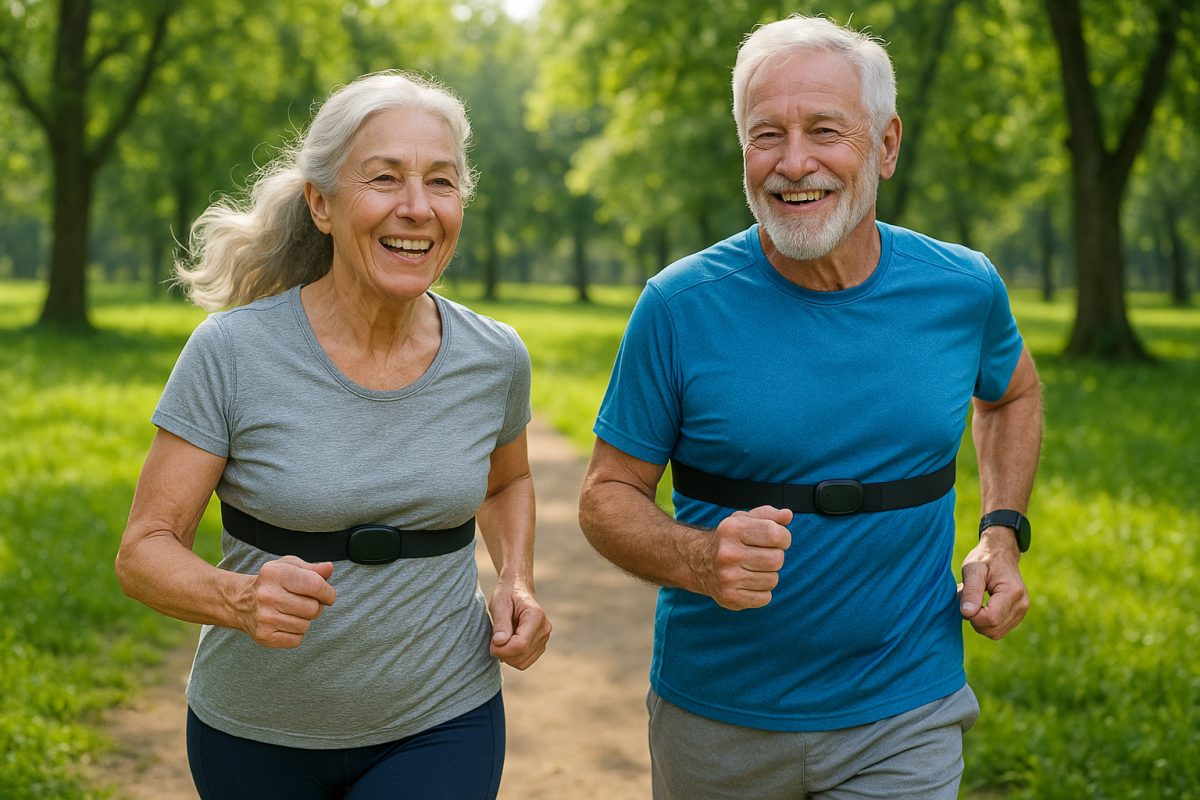 Couple senior courant dans un parc en pleine nature