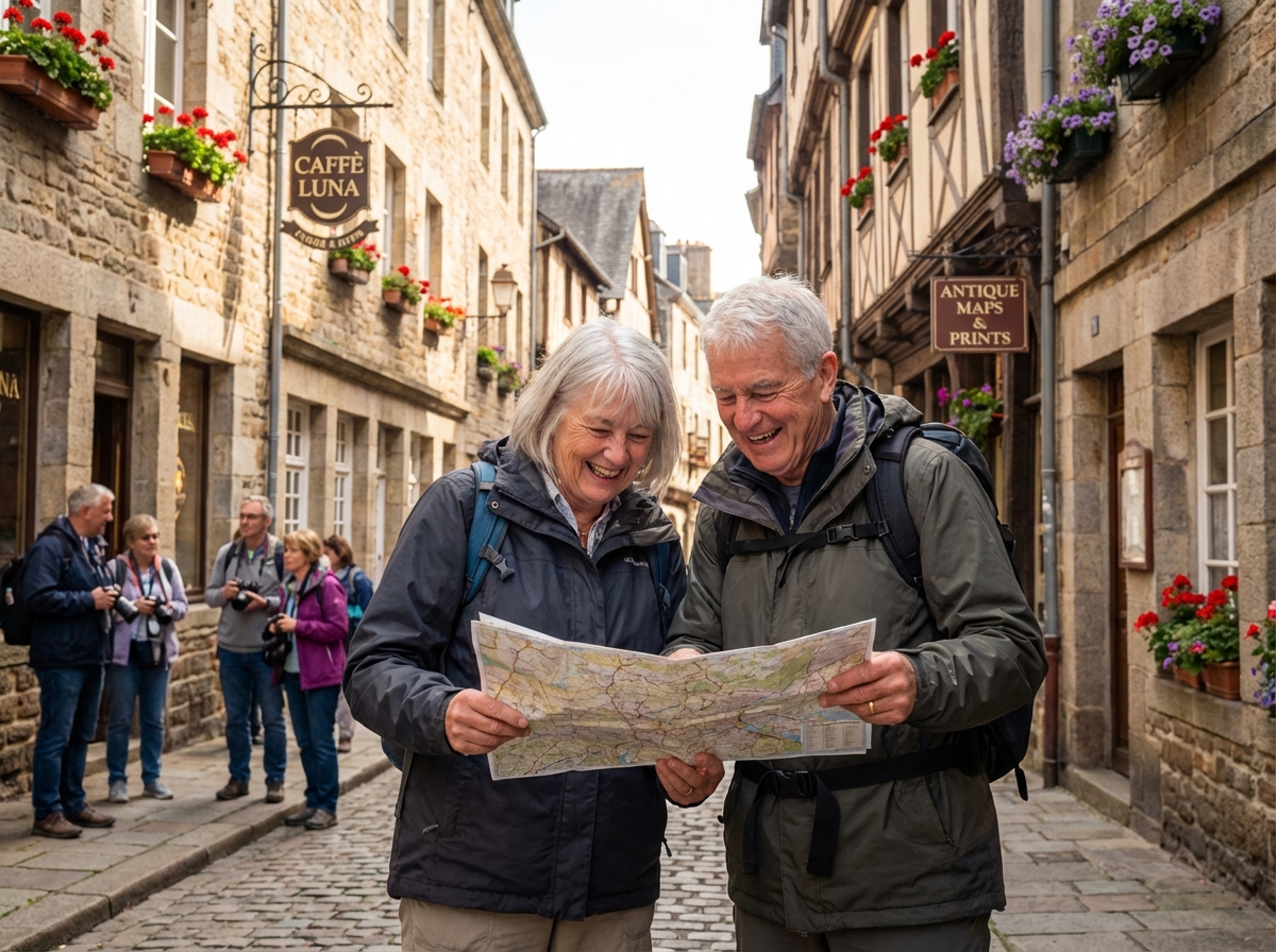 Couple retraité regardant une carte dans une rue européenne