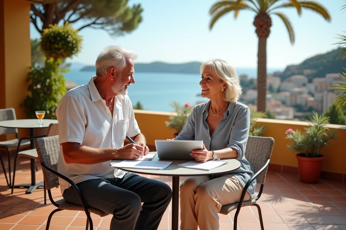 Couple retraité travaillant à une terrasse méditerranéenne