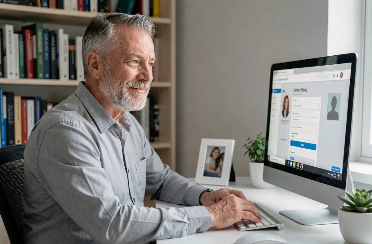 Homme senior concentré en train de créer son profil sur Disons Demain depuis son bureau à domicile