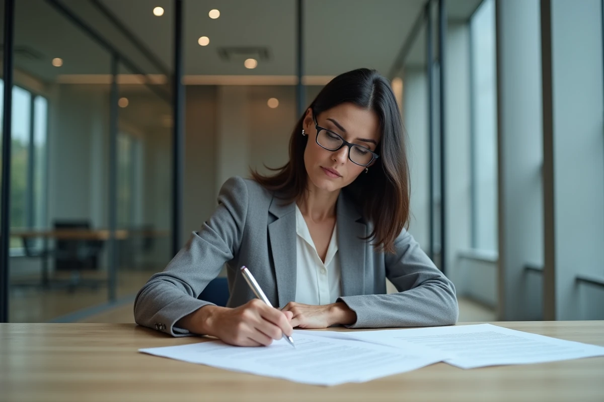 Une curatrice féminine examine attentivement des documents juridiques liés à une mesure de curatelle dans une salle administrative moderne