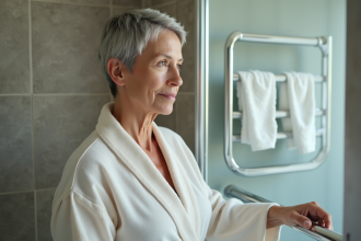 Femme d'âge moyen dans une douche moderne avec barre de maintien