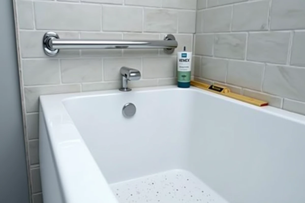 Détail des équipements de sécurité d'une baignoire PMR en cours d'installation lors d'une rénovation de salle de bains