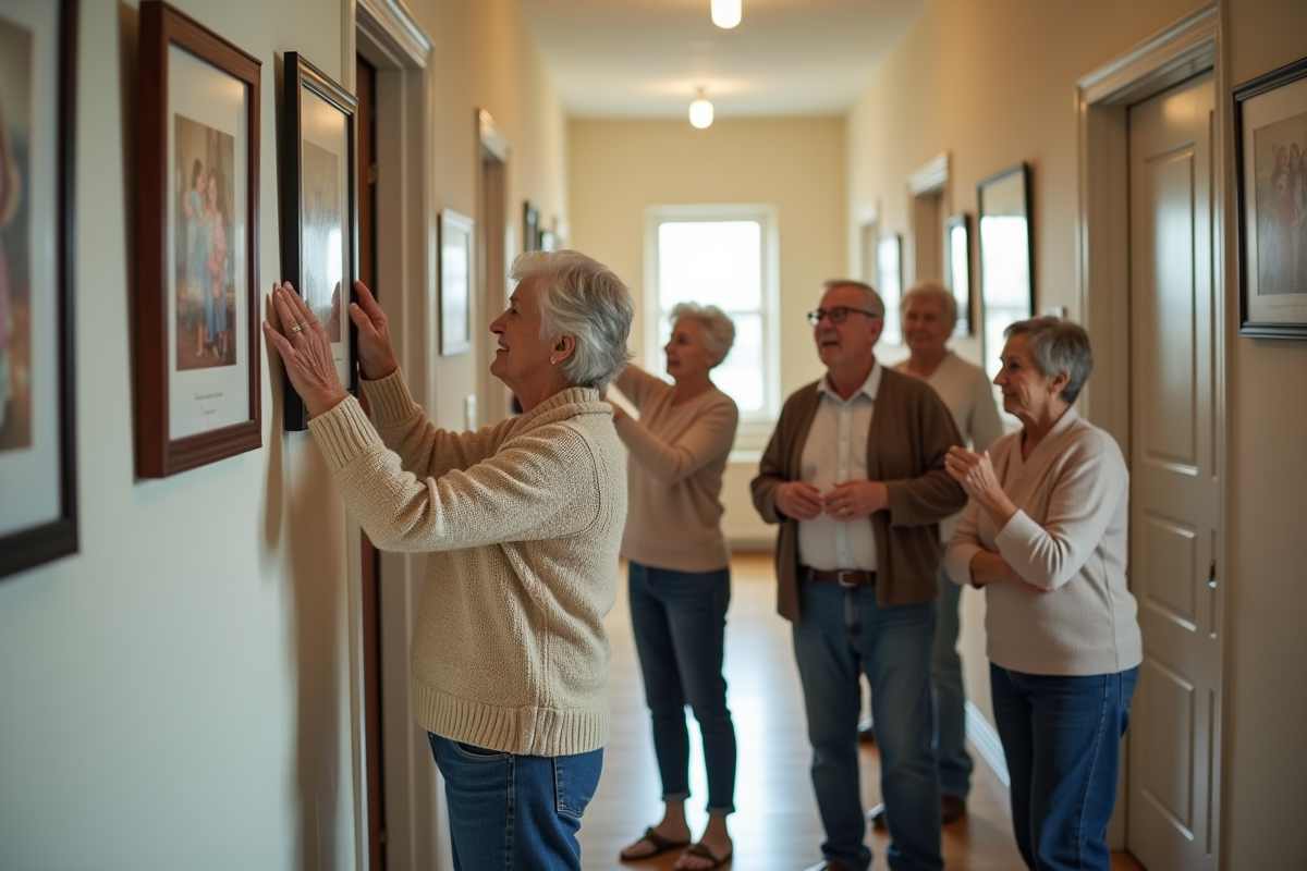 Personnes âgées accrochant des photos dans un couloir lumineux