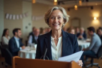 Femme retraitée lisant un discours personnalisé de départ à la retraite devant ses collègues lors d'une cérémonie en salle de réunion