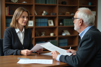 Femme d'âge moyen discutant avec un homme âgé au bureau