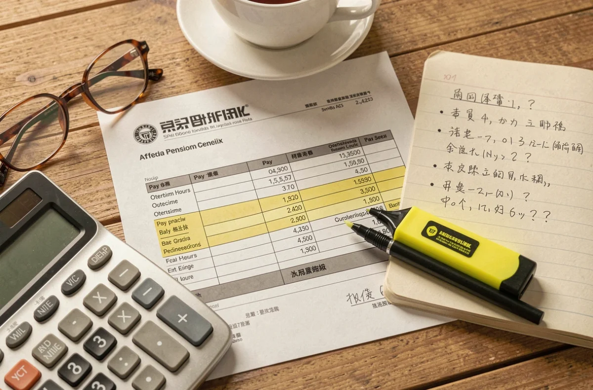Documents de retraite et bulletins de salaire annotés sur un bureau avec une calculatrice pour vérifier les heures supplémentaires