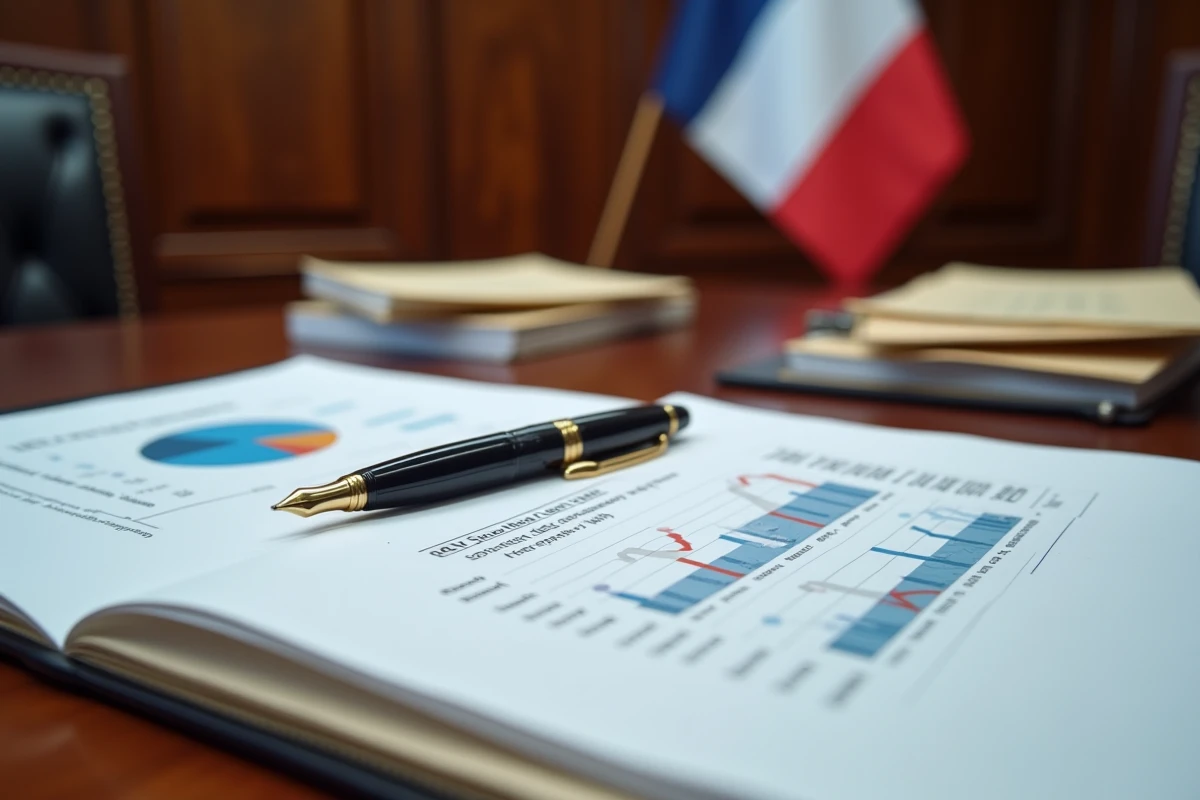 Gros plan sur des documents officiels de retraite française et un stylo sur un bureau en acajou avec drapeau tricolore en arrière-plan, symbolisant le régime de retraite des élus politiques