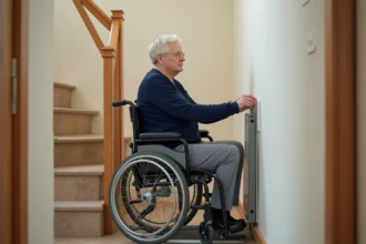 Femme en fauteuil roulant utilisant un élévateur PMR installé dans un escalier résidentiel