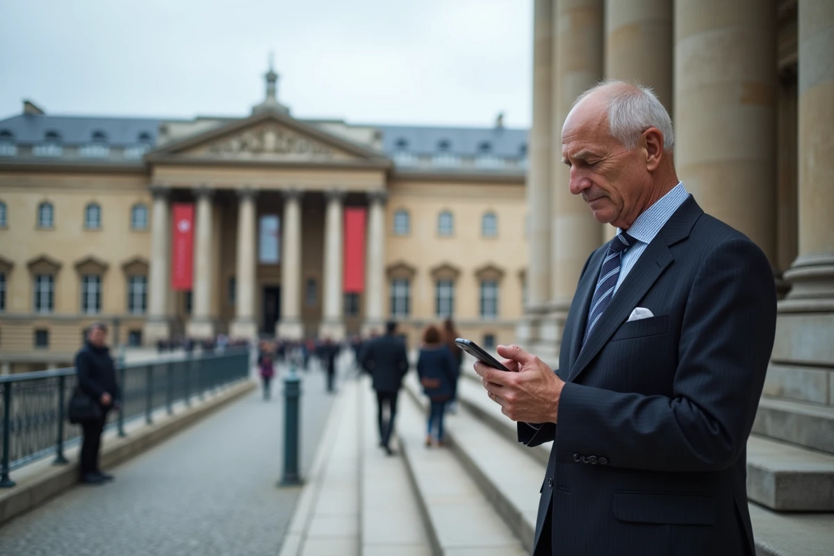 Homme politique en costume sombre consultant son téléphone sur les marches de l'Assemblée Nationale à Paris, évoquant les questions autour du régime de retraite des élus français