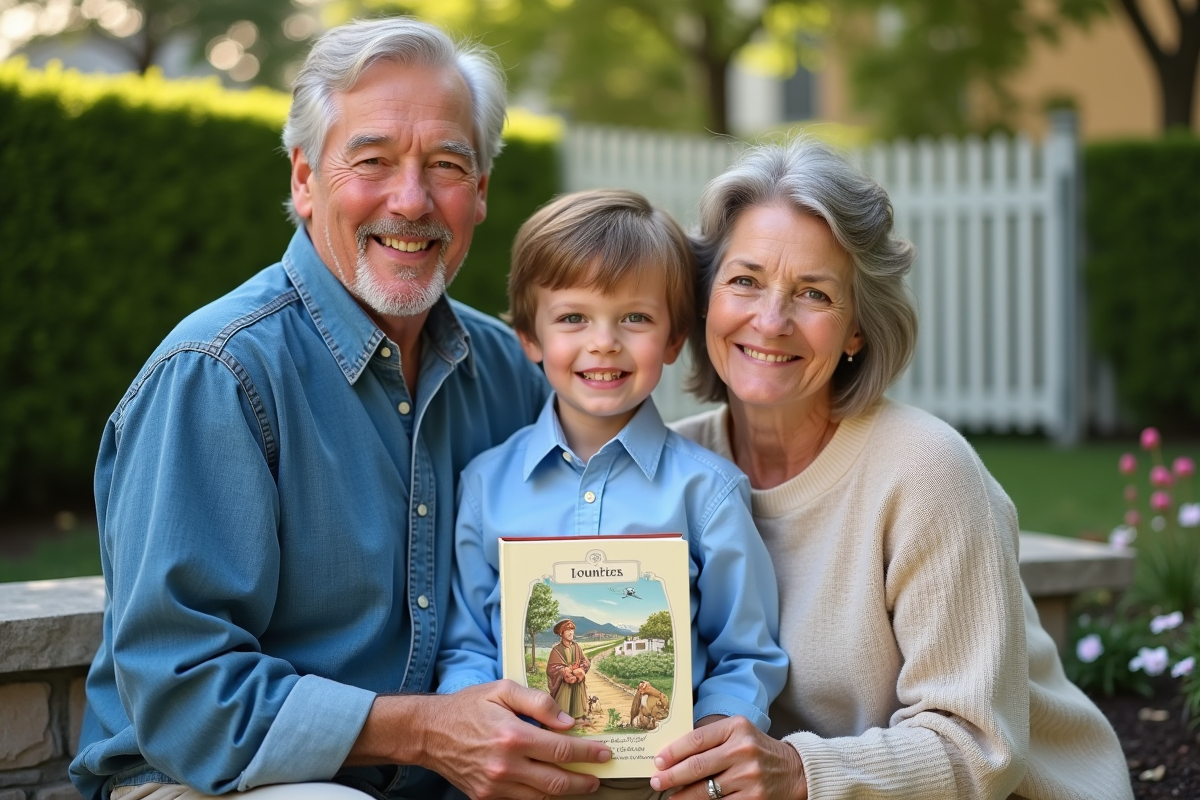 Jeune garçon recevant une Bible illustrée dans un jardin