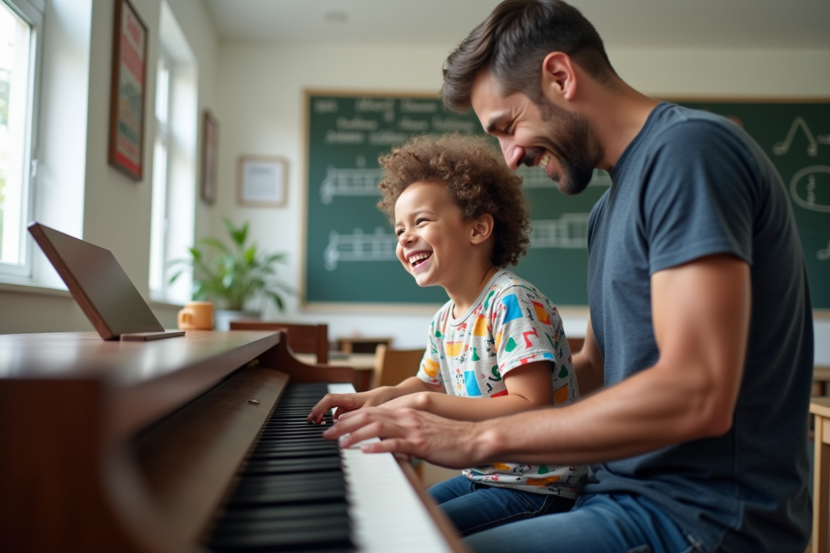 Enfant rieur jouant du piano avec son père dans une salle moderne