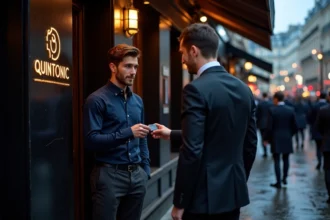 Jeune homme présentant sa carte d'identité à l'entrée du club Quintonic Paris, devant un videur en costume noir