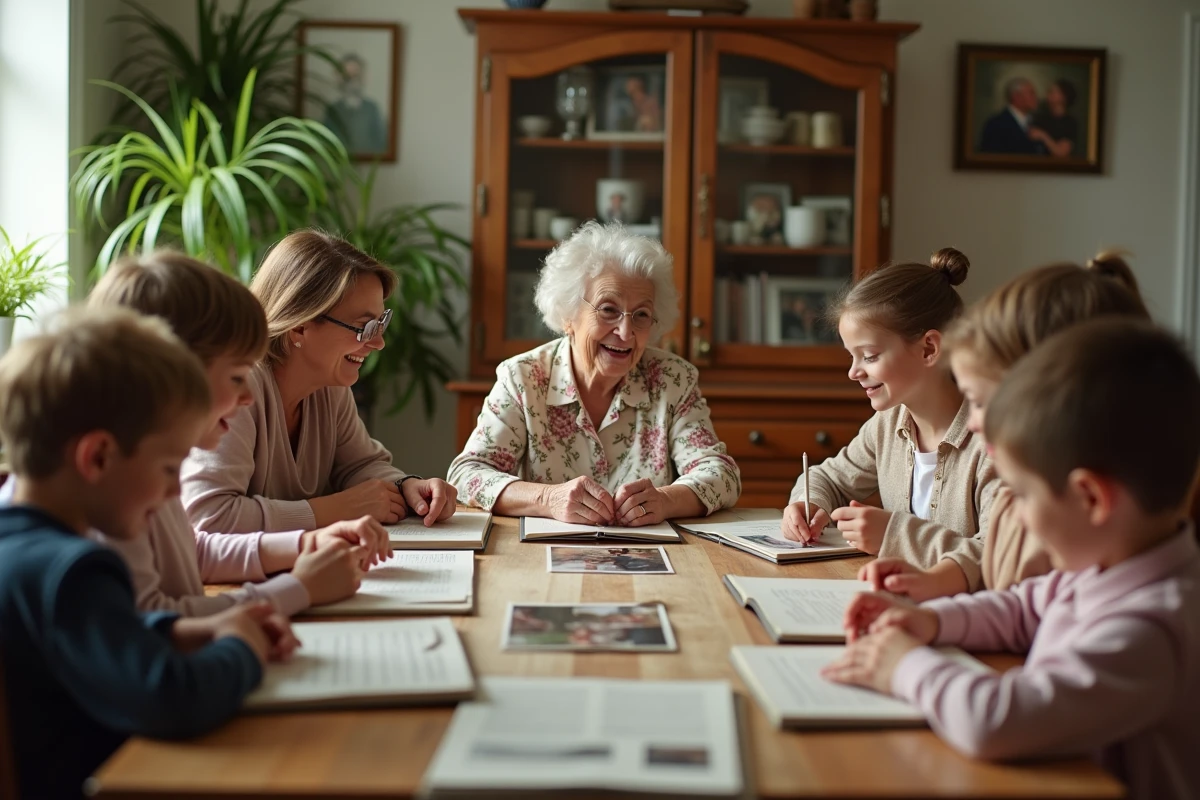 Une famille multigeneration autour d une table avec albums et poèmes