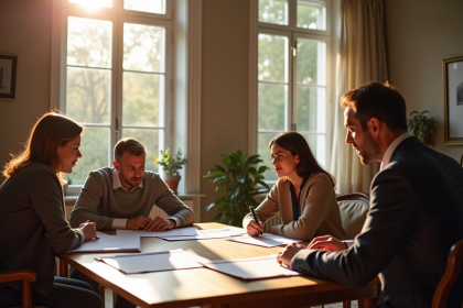 Famille dans un salon moderne en France avec documents et notaire