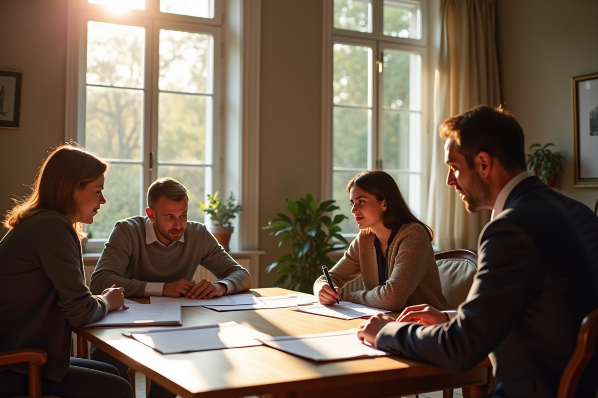 Famille dans un salon moderne en France avec documents et notaire