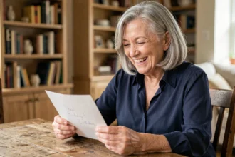 Femme de 70 ans souriante lisant un message d'anniversaire émouvant à table