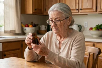 Femme âgée examinant attentivement un complément alimentaire dans sa cuisine, lunettes sur le nez