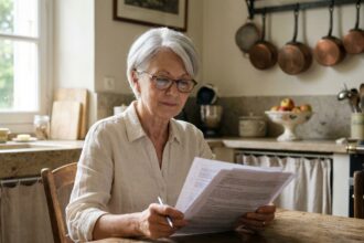 Femme âgée lisant attentivement un contrat obsèques à sa table de cuisine, illustration du choix d'une prévoyance funéraire adaptée