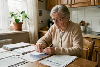 Une femme âgée examine ses documents administratifs liés à l'APA et ses ressources à la table de sa cuisine