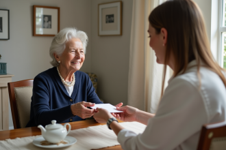 Femme agee donnant une enveloppe a sa petite fille
