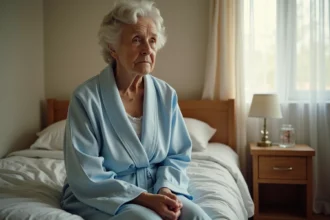Femme âgée assise au bord du lit, exprimant une grande fatigue malgré une autonomie préservée, dans un contexte de dépendance GIR faible