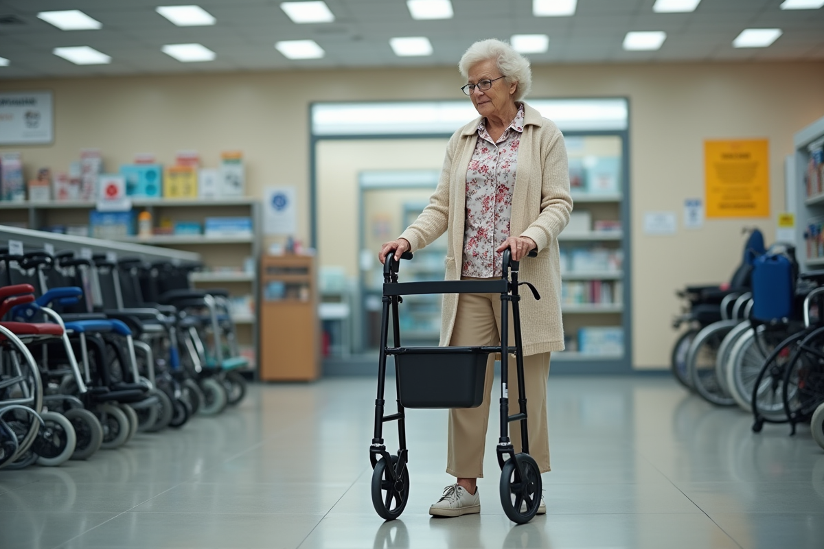 Femme agee testant un déambulateur moderne en magasin
