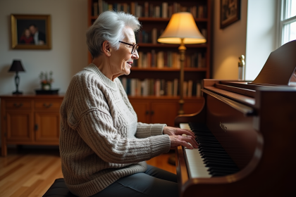 Femme agee jouant du piano dans un salon chaleureux
