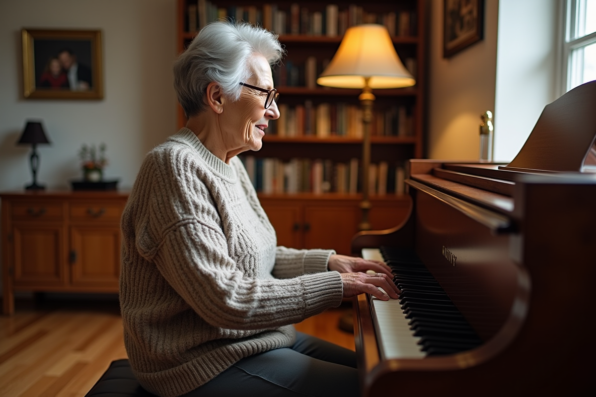 Femme agee jouant du piano dans un salon chaleureux