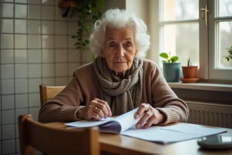 Femme agee examine ses relevés bancaires dans sa cuisine