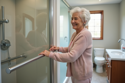 Femme agee souriante dans salle de bain accessible