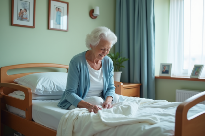 Femme agee souriante dans sa chambre de soins