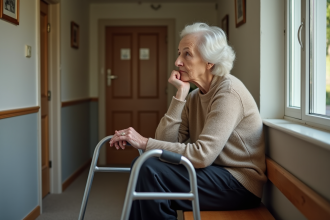 Femme agee assise sur un banc dans un salon de retraite