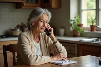 Femme âgée au téléphone préparant un appel au Fil des Ans avec un carnet de notes sur la table de cuisine