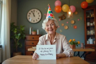 Femme souriante avec chapeau coloré et carte d anniversaire