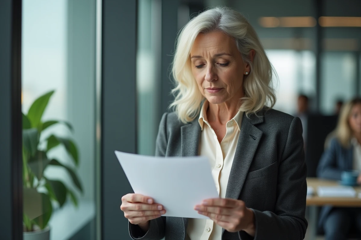 Femme cadre relisant sa lettre officielle de départ en retraite dans un environnement de bureau moderne