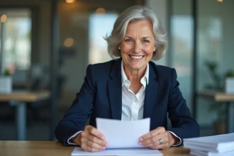 Femme d age lisant une carte d adieu au bureau