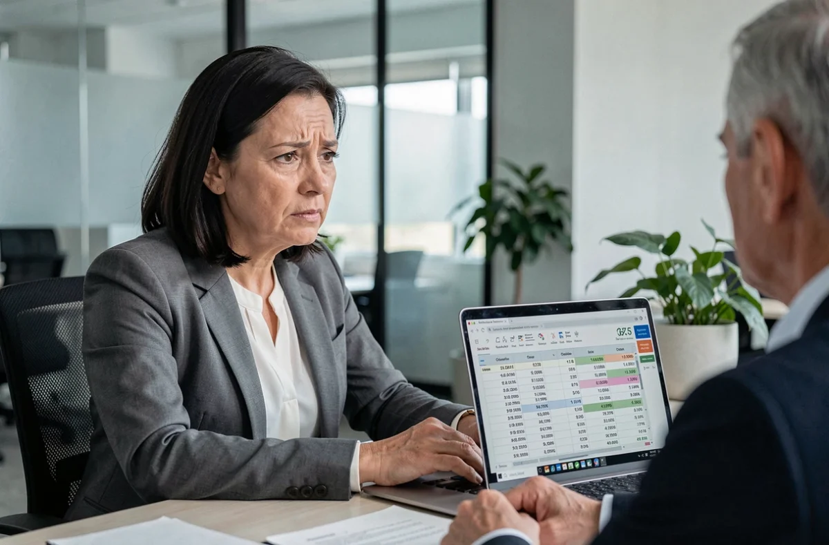 Une femme discute de la contestation de son calcul de retraite avec un conseiller dans un bureau moderne