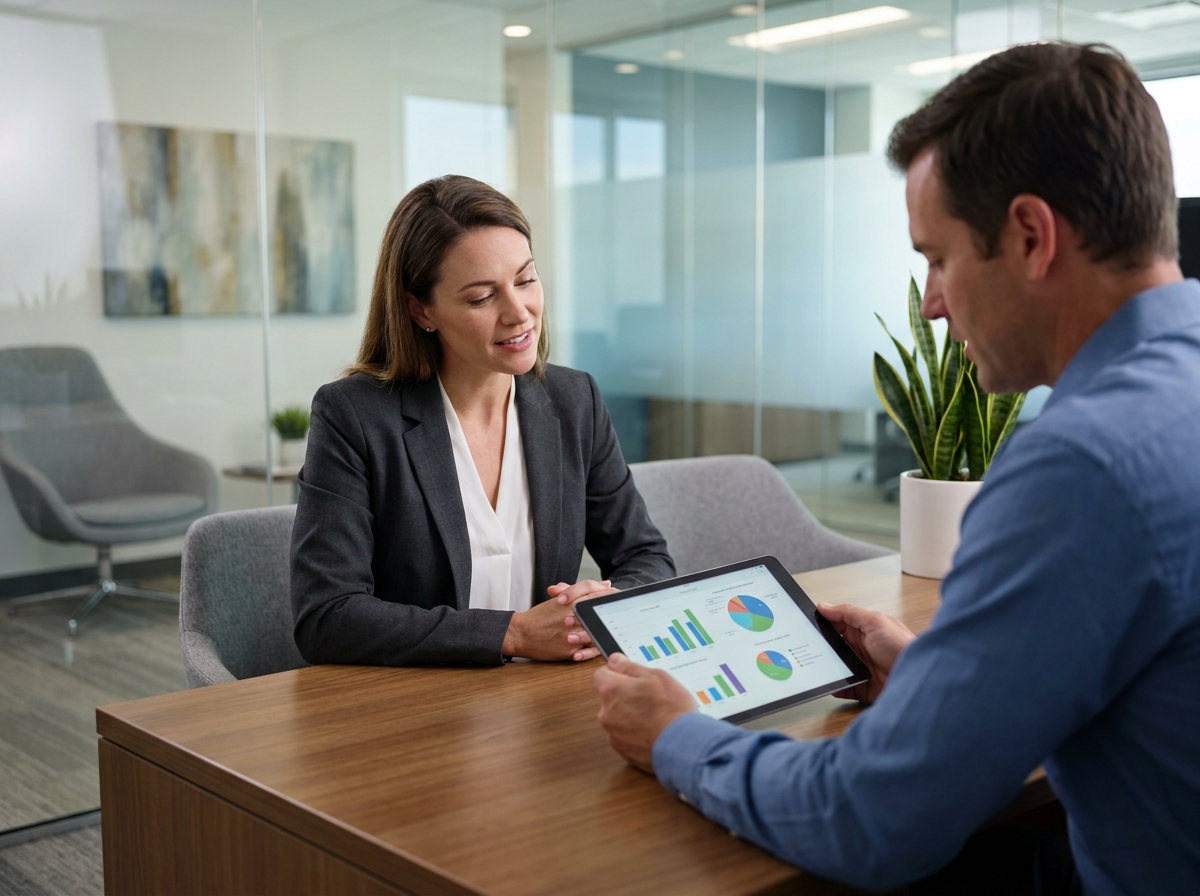 Femme discutant avec un conseiller financier des options de placement de sa prime annuelle via une assurance vie dans un bureau moderne